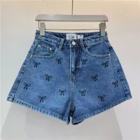 Women's Trendy Light Wash Denim Shorts with Pink Bow Embroidery - High Waist Casual Summer Jean Shorts - View 3