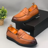 Berluti Men's Classic Tan Leather Penny Loafers Burnished Brown Slip-On Dress Shoes for official and semi-formal fashion  - View 1