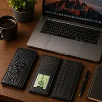 Men's Premium Black Crocodile Texture Leather Long Wallet with Multiple Card Slots & Secure Zipper Pocket - Executive Billfold - View 1