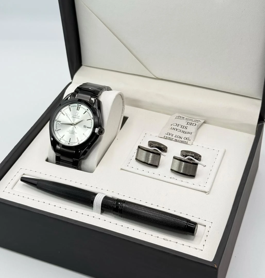 Men's Luxury Omega Co-Axial Chronometer Watch, Elegant Pen & Cufflinks Gift Set - Professional Black & Silver Accessory Collection