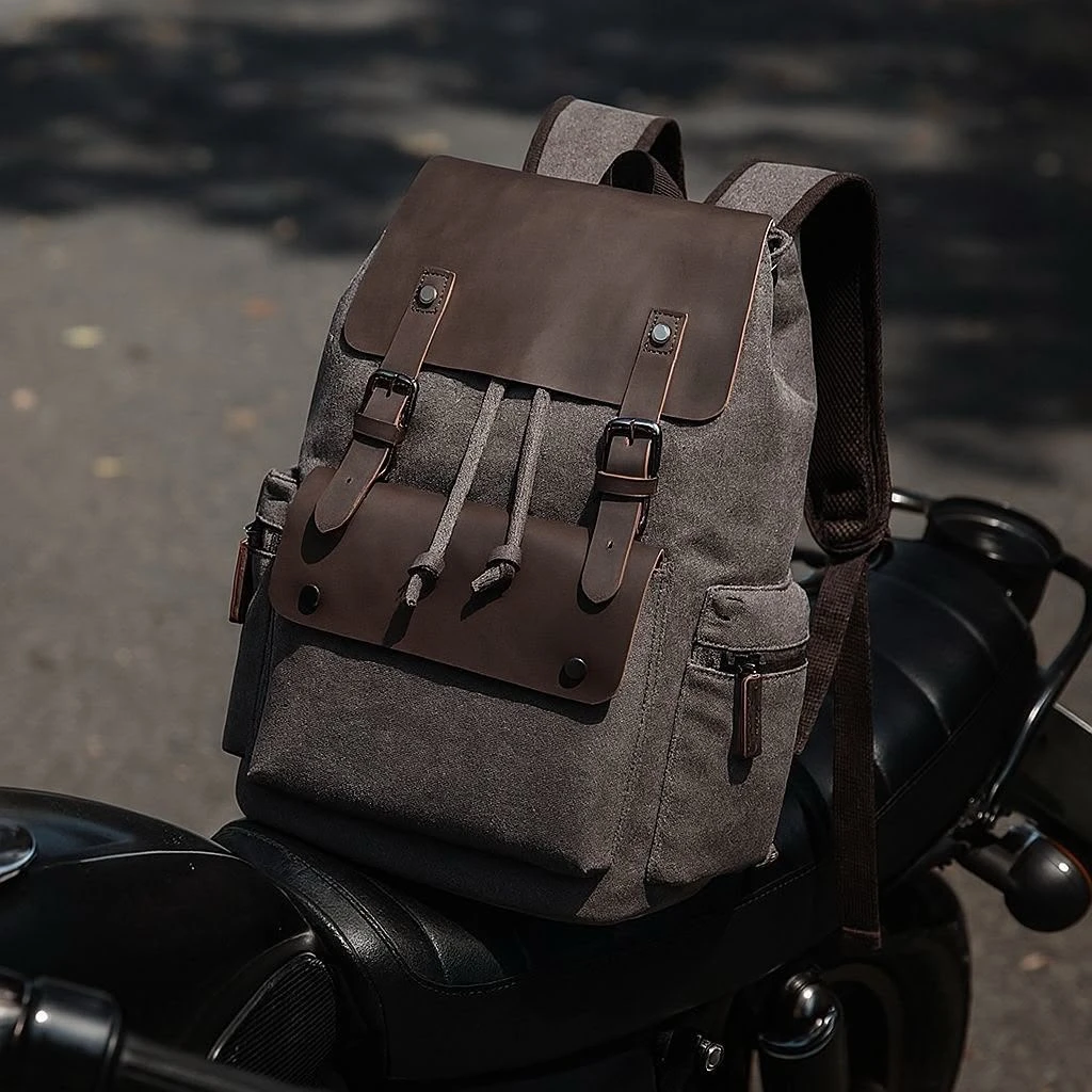 Vintage Canvas Leather Trim Backpack Bag - Stylish Rugged Rucksack for Travel, Commute, and Outdoor Adventures