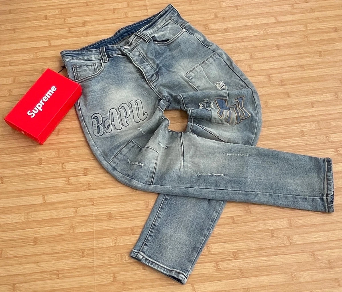 Men's BAPU Streetwear Distressed Denim Jeans Trousers Pants Faded Light Wash with Ripped Details  Unique Lettering