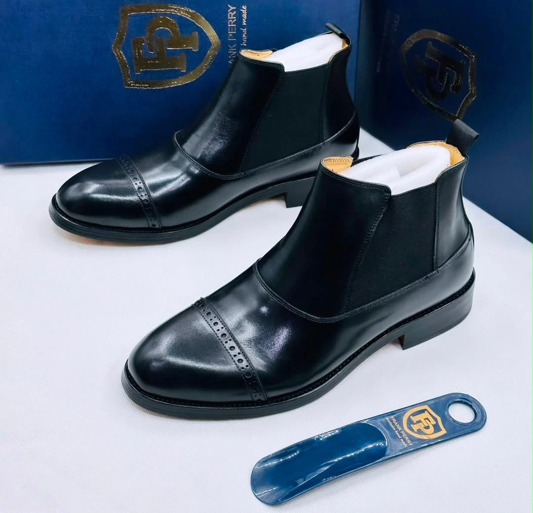 Men's Premium Black Leather Cap Toe Brogue Chelsea Boots - Elegant Slip-On Formal Dress Ankle Boots for Elegant Style - Main View