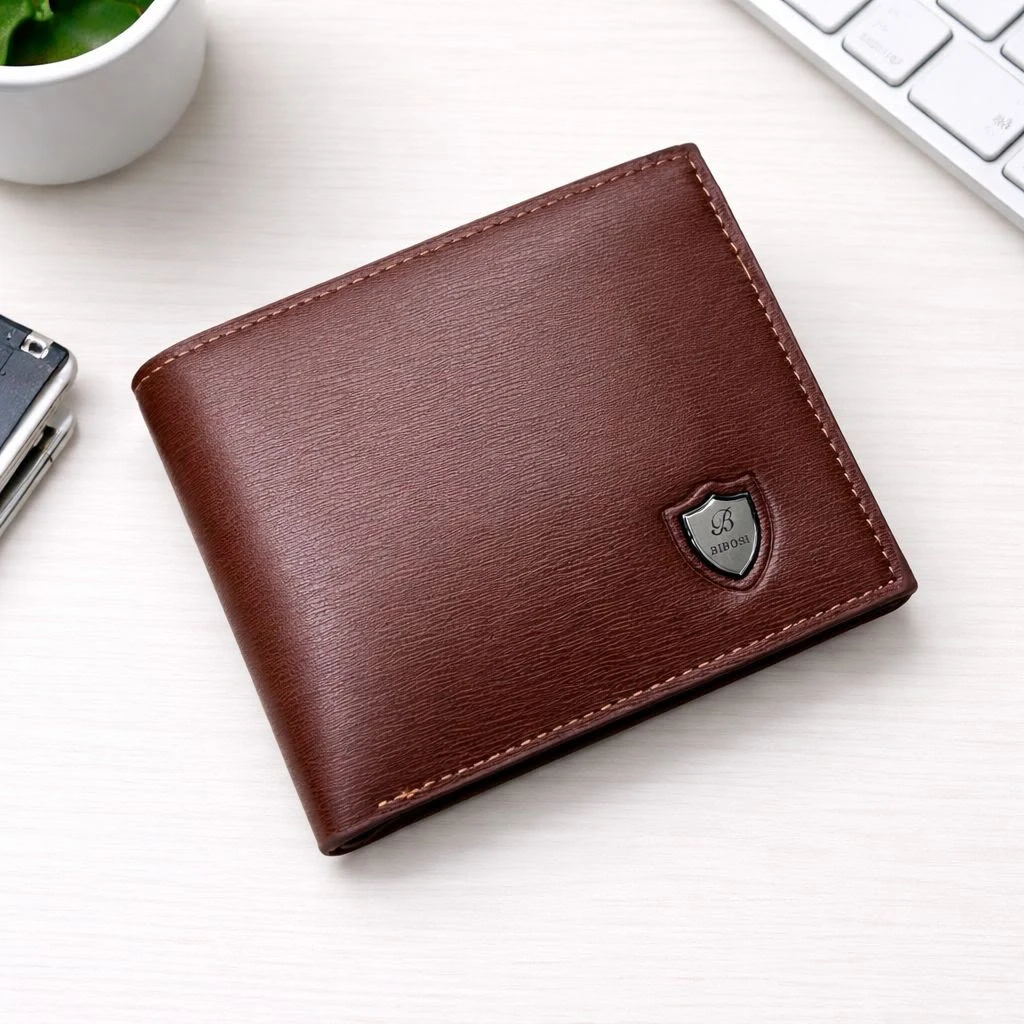 AIBOSI Men's Classic Brown Textured Bifold Wallet with Shield Emblem - Slim & Stylish Leather Look Card Holder