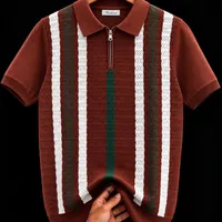 Men's Quality White Maroon and Black Striped Knitted Polo Shirt  Short Sleeve Half-Zip Design for Smart Casual Elegance  Modern Fashion Top - View 2