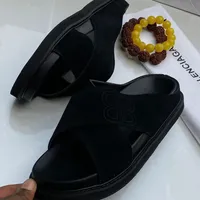 Men's Luxury Beige and Black High Quality Suede Criss-Cross Slides - Luxury Designer Comfort Sandals - View 3