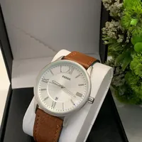 Fossil Men's Elegant Genuine Leather Strap with Stainless Steel Case White Dial Men's Analogue Wrist Watch with Roman Numerals and Date Display - View 1