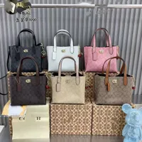 Women's Coach Signature Monogram Beige & Pink Trim Small Tote Bag with Gold Tone Hardware – Stylish & Versatile Luxury Handbag - View 2