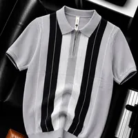 Men's Classic Brown  White Diamond Perforated Stripe Knit Polo Shirt – Premium Short Sleeve Collared Top - View 2