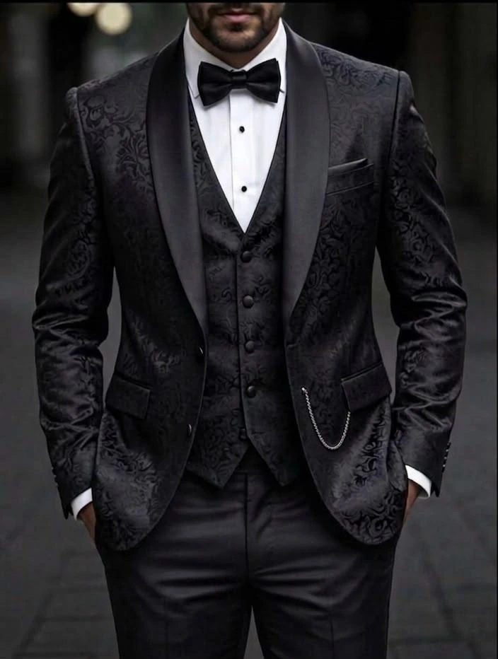 Men's Elegant Black Floral Jacquard 3-Piece Tuxedo Suit - Slim Fit Formal Dinner Jacket Set for Weddings & Special Occasions