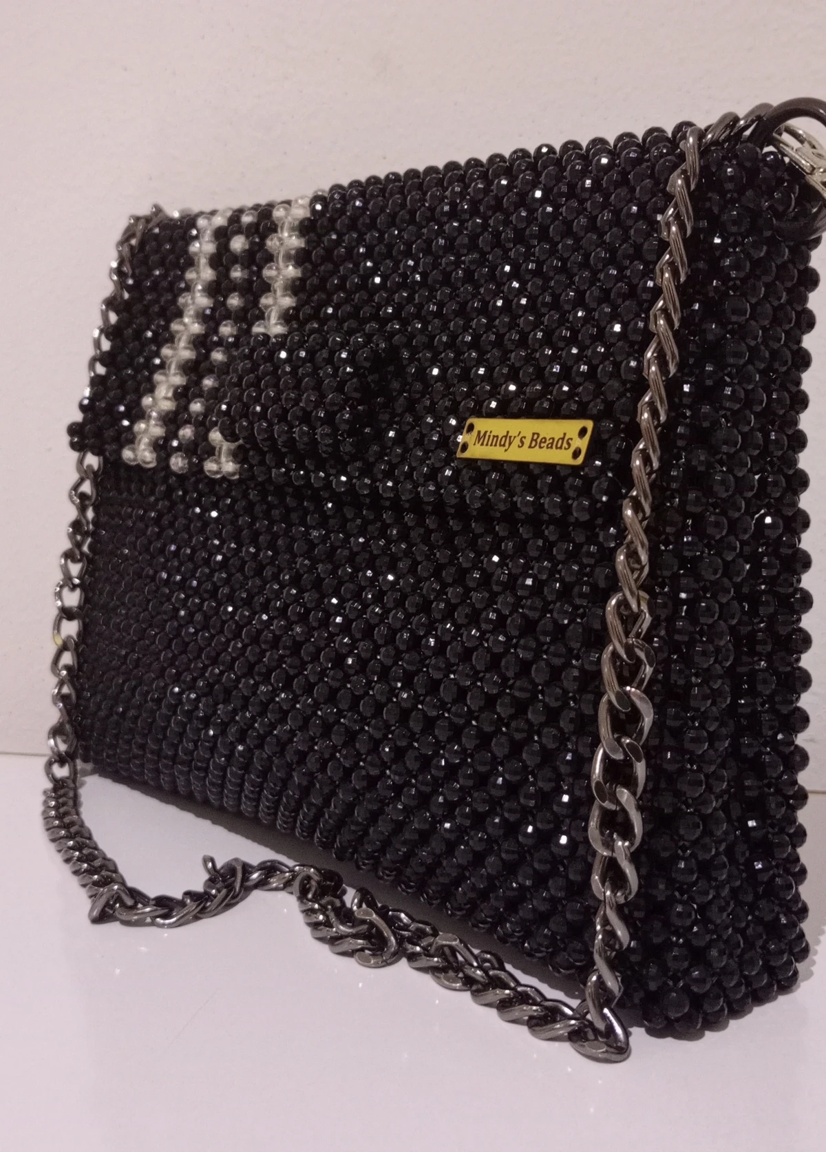 Mindy's Beads Chic Black Beaded Clutch for Women - Sparkling Handbag with Silver Chain Strap, Ideal for Glamorous Evenings  Parties