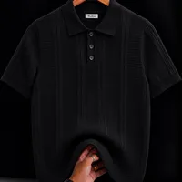 Men's Black and White Textured Zipper Polo Shirt - Wavy Knit Short Sleeve Casual Top for Modern Luxury Casual Smart Style - View 2