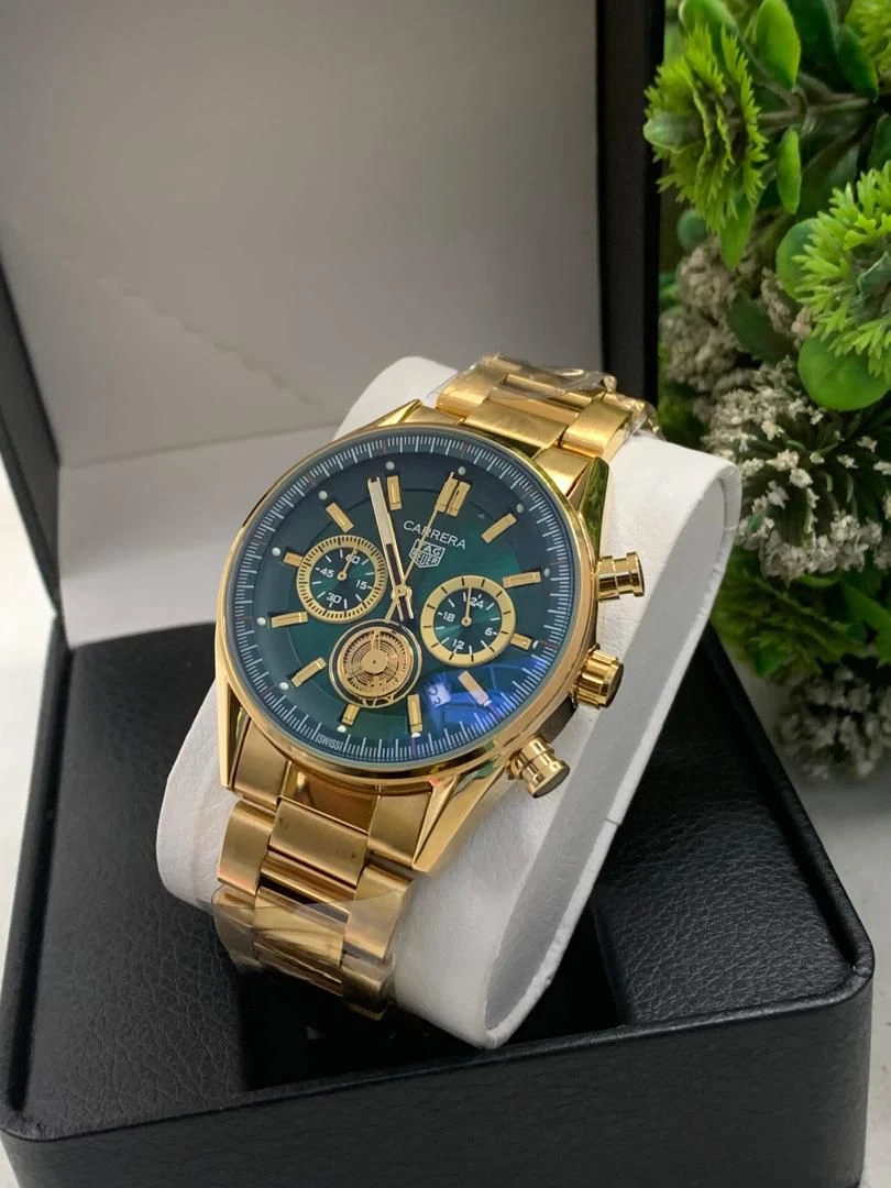 Gentlemen's Luxury Gold-Tone Chronograph Watch with Emerald Green Dial - Premium TAG Heuer Style Timepiece