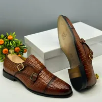 Paul Parkman Men's Brown Crocodile Embossed Double Monk Strap Leather Dress Shoes - Elegant Formal Footwear - View 2