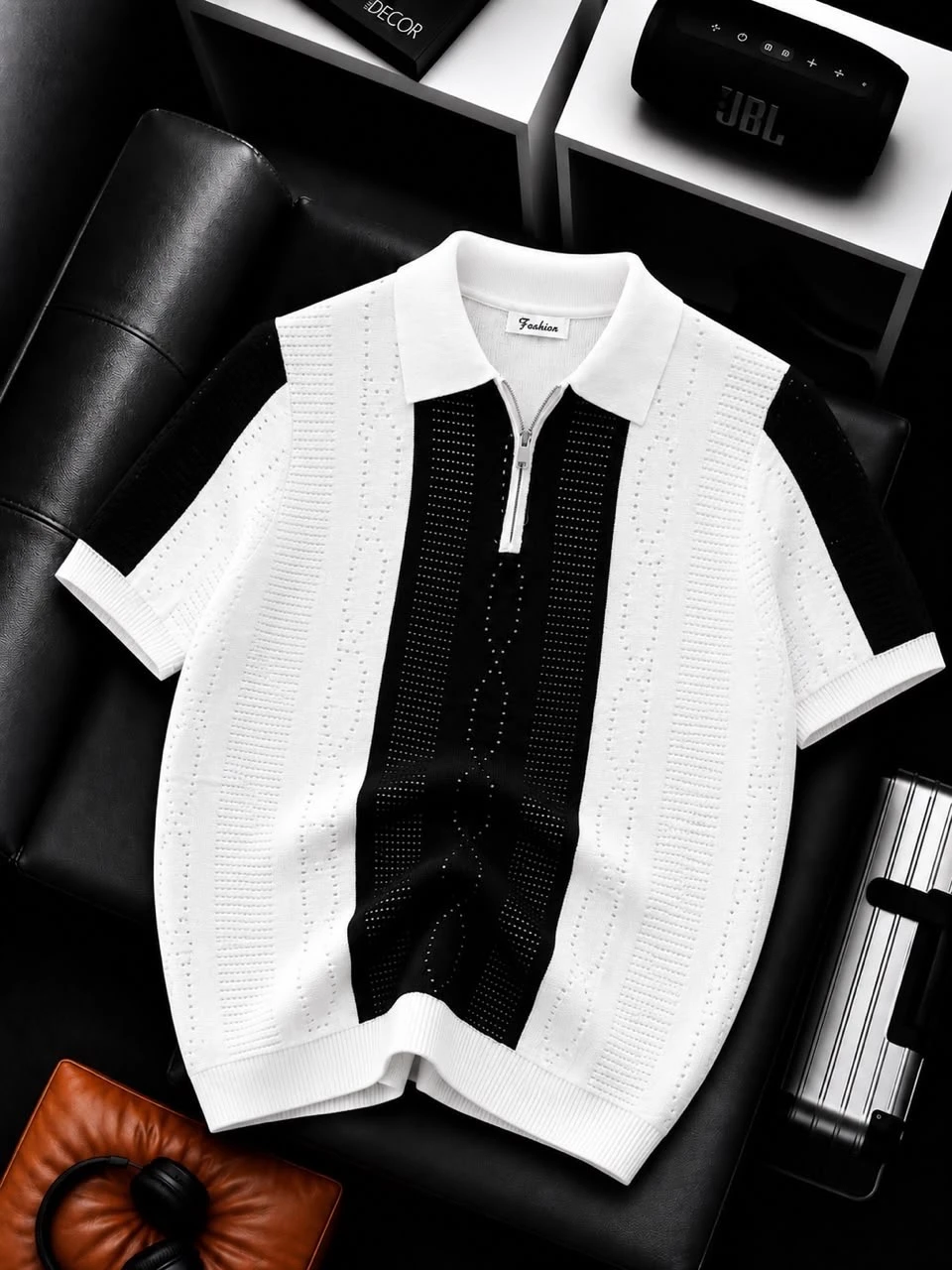 Men's Quality Two-Tone Knitted Zipper Polo Casual Smart Men Shirt Tops - Short Sleeve Casual Fashion Top