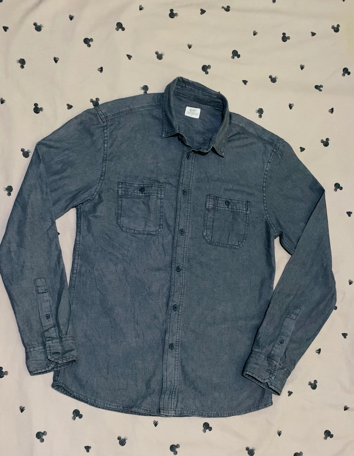 ADVERS Men's Washed Charcoal Denim-Look Long Sleeve Button-Down Shirt with Dual Flap Pockets