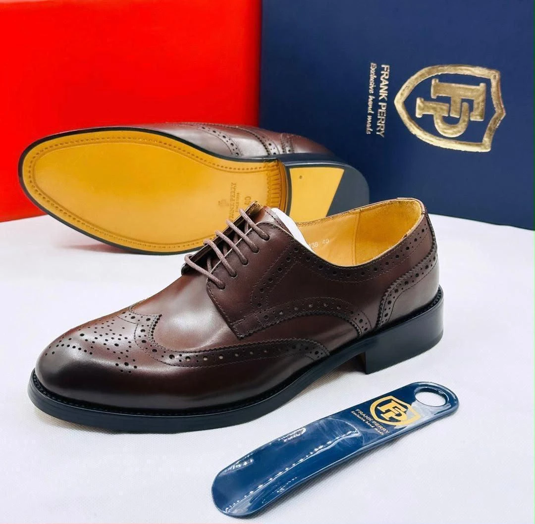 Men's Frank Perry Exclusive Hand Made Brown Leather Brogue Derby Dress Shoes - Classic Formal Lace-Up Footwear for Gentlemen