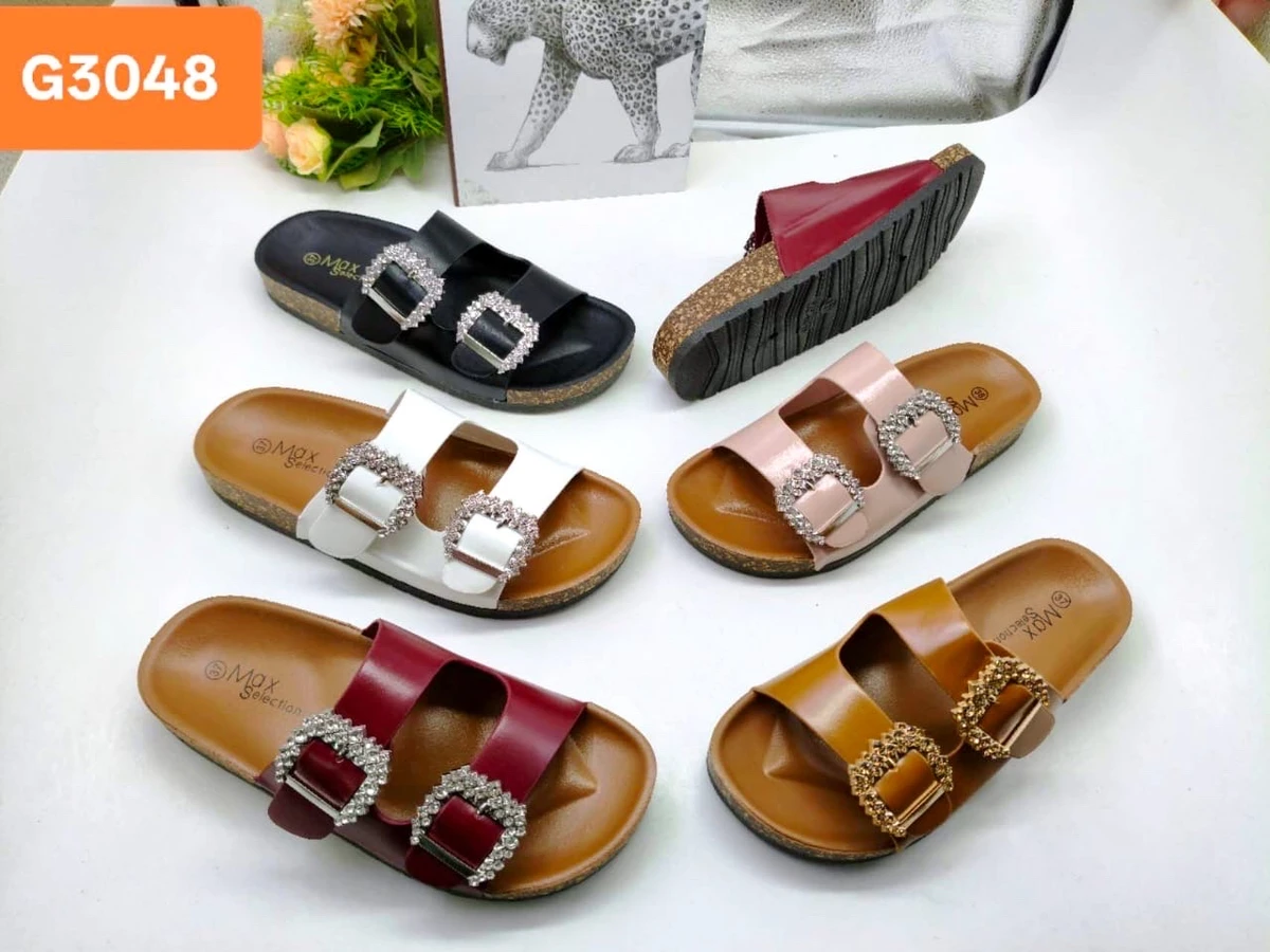 Women's Stylish Double Buckle Bling Cork Sandals - Trendy Comfort Sliders with Rhinestone Accents by Max Selection