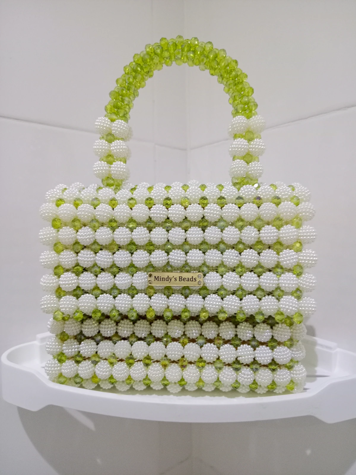 Mindy's Beads Women's Handcrafted creamy white popcorn and lime Green Beaded Top Handle Handbag - Elegant Fashion Accessory for Chic Everyday Style