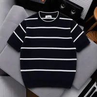 Men's Quality Thick Cotton Grey- Black and White Striped Breathable Knit Short Sleeve T-Shirt - Casual Crew Neck Top for Everyday Comfort - View 3