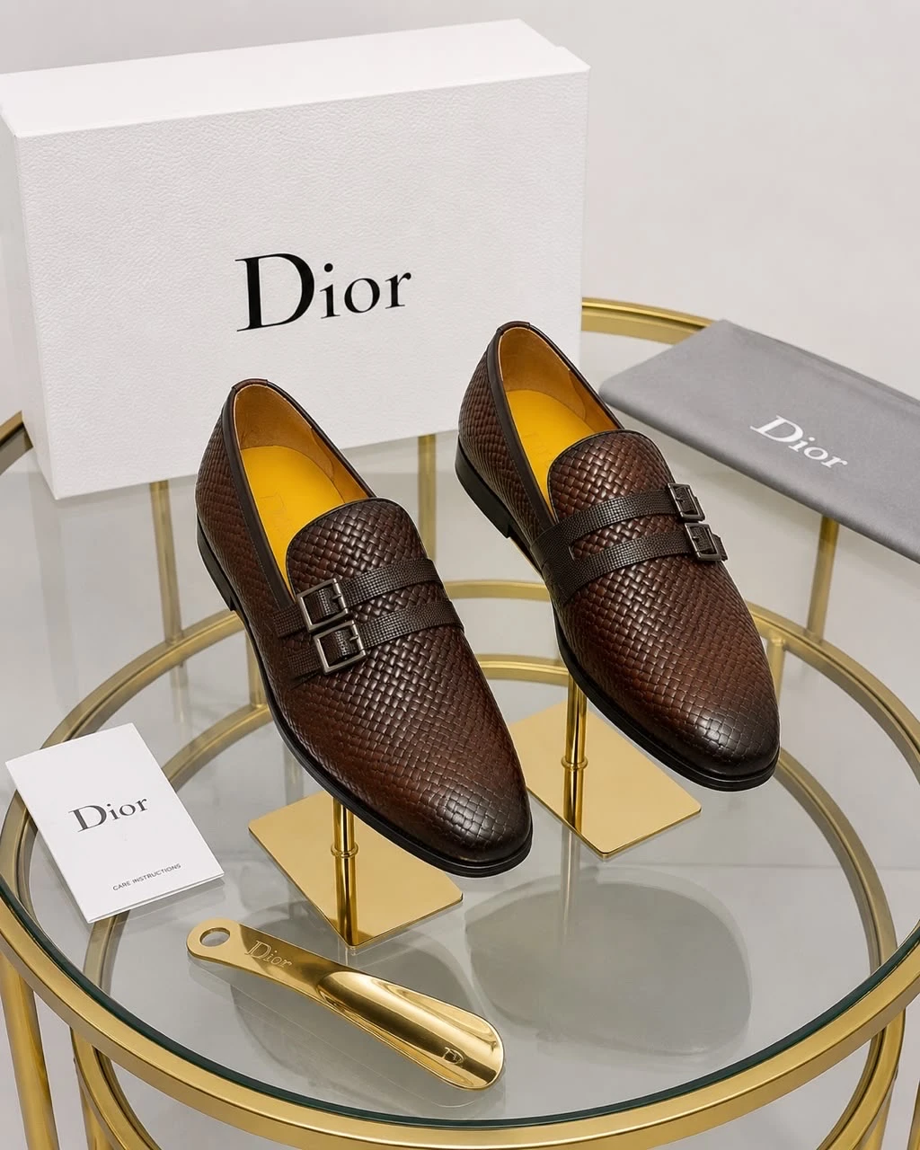 Dior Men's Luxury Brown Woven Leather Double Monk Strap Loafers - Elegant Slip-On Dress Shoes for Business & Formal Occasions