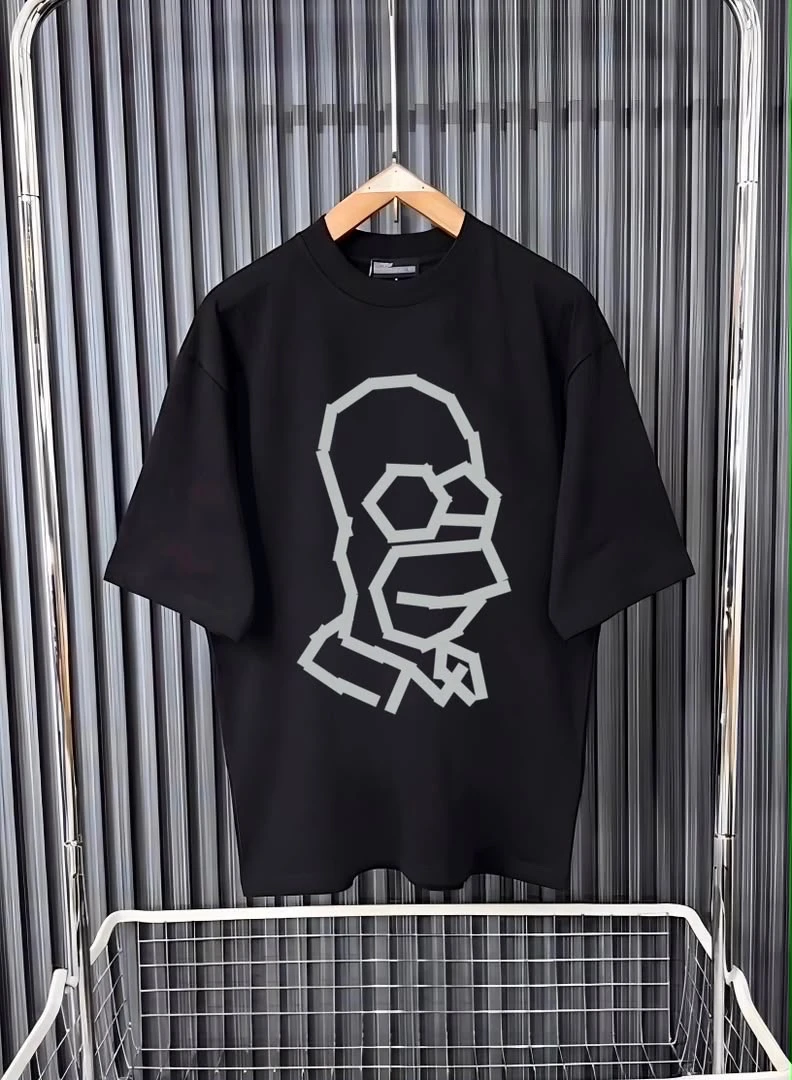Black Geometric Homer Simpson350g Graphic T-Shirt - Relaxed Fit Casual Streetwear Tee