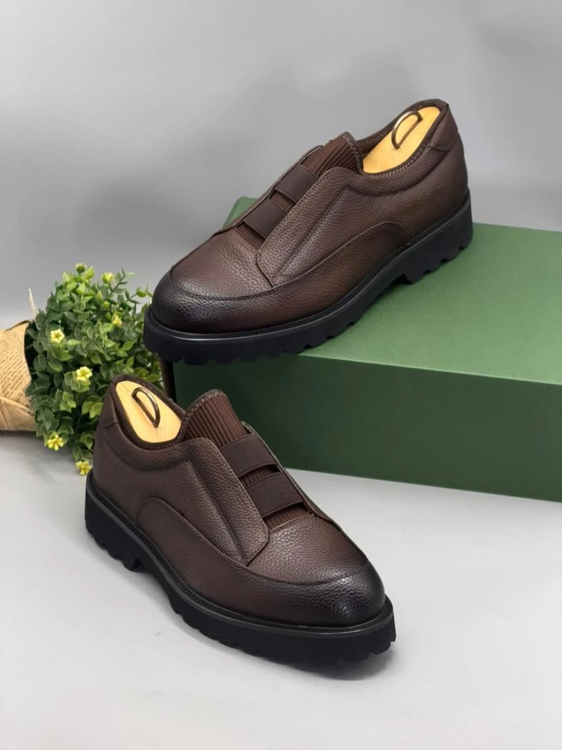 Berluti Men's Premium Brown Textured Leather Slip-On Shoes with Thick Sole and Comfort Elastic Straps
