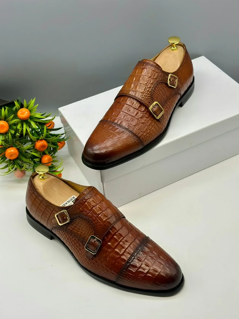 Paul Parkman Men's Brown Crocodile Embossed Double Monk Strap Leather Dress Shoes - Elegant Formal Footwear - Main View