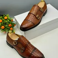 Paul Parkman Men's Brown Crocodile Embossed Double Monk Strap Leather Dress Shoes - Elegant Formal Footwear - View 1