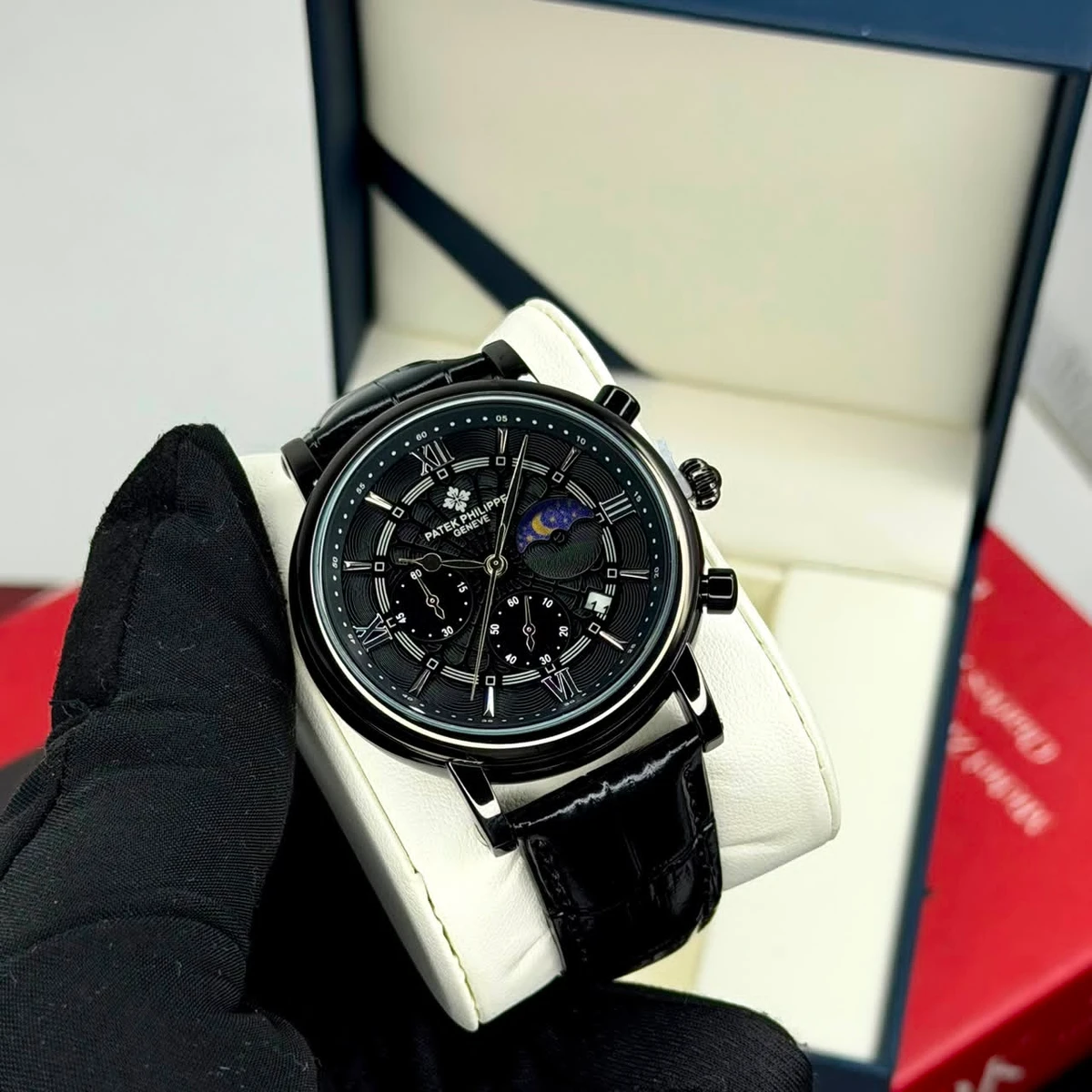 Men's Geneve Luxury Black Dial Chronograph Watch with Moon Phase  Croc-Pattern Leather Strap