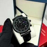 Men's Geneve Luxury Black Dial Chronograph Watch with Moon Phase  Croc-Pattern Leather Strap - View 1