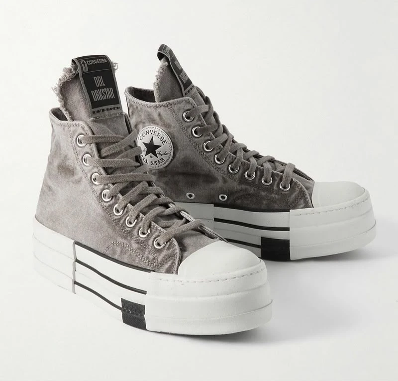 Converse x DRKSTAR Rick Owens Grey Distressed Canvas Platform High-Top Sneakers - Chunky Sole Streetwear Kicks - Main View