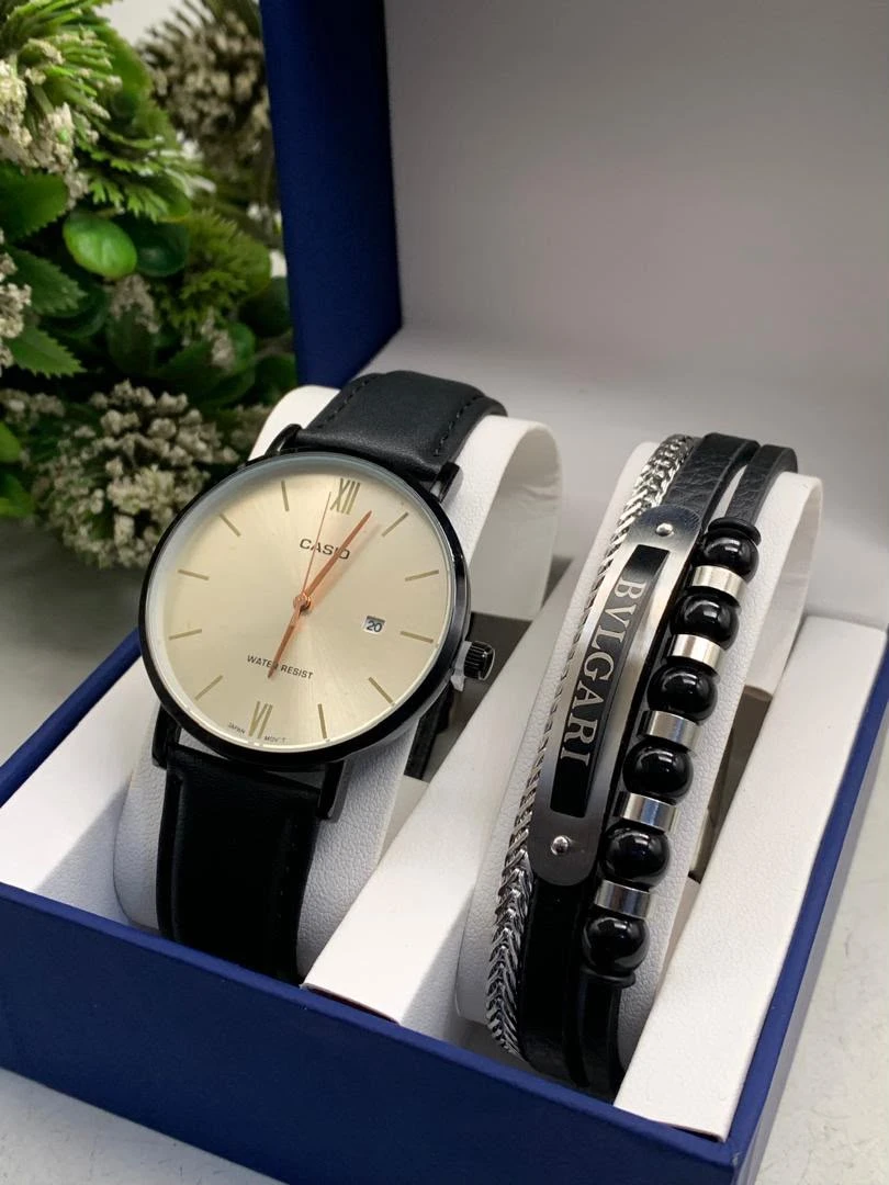Men's Casio Classic Gold Dial Watch & Luxury Multi-Layer Bracelet Gift Set - Elegant Black Leather Strap, Water Resistant Timepiece with Stylish Accents for Him