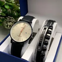 Men's Casio Classic Gold Dial Watch & Luxury Multi-Layer Bracelet Gift Set - Elegant Black Leather Strap, Water Resistant Timepiece with Stylish Accents for Him - View 1
