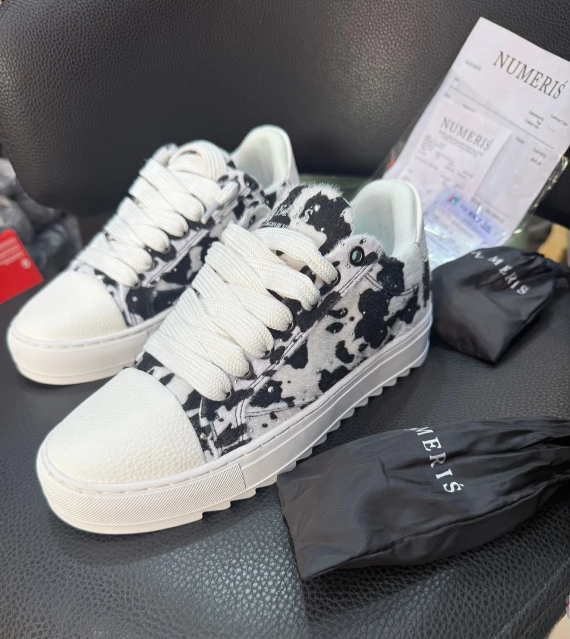 NUMERÍS Original Men's Statement Cow Print Low-Top Sneakers - Black White Chunky Sole Fashion Kicks - Main View
