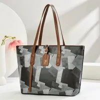 Women's Chic Geometric Grey Patchwork Tote Bag - Modern Shoulder Handbag with Elegant Brown Straps for Everyday Style - View 1