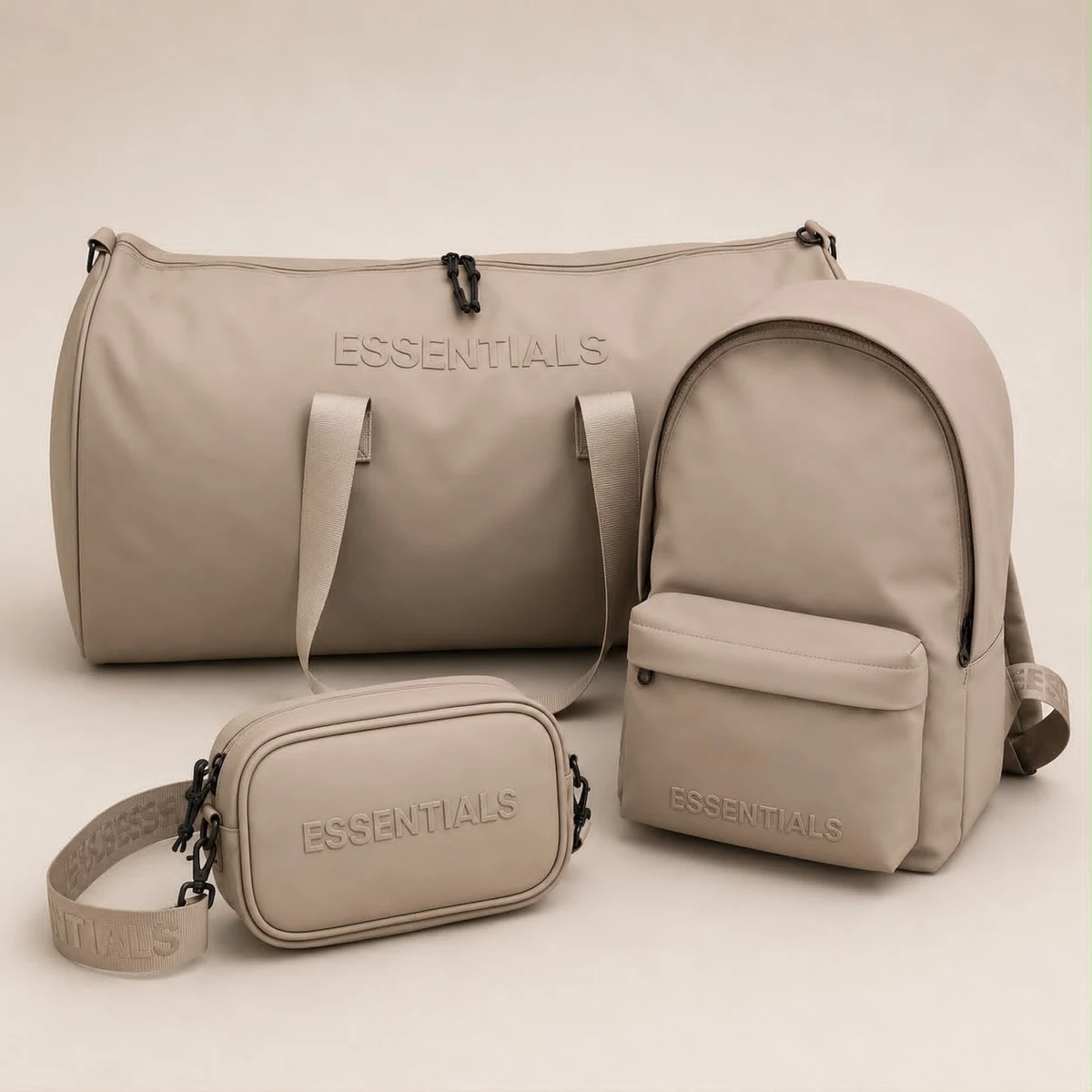 3-Piece Minimalist Beige and Black Travel  Essential Everyday Bag Set - Stylish Duffel, Backpack  Crossbody Collection