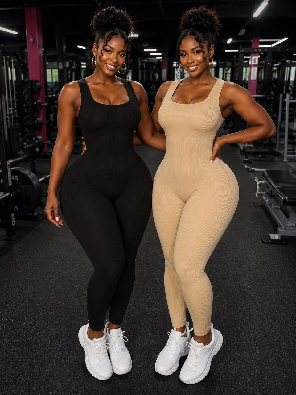 Women's Seamless Ribbed Scoop Neck Activewear Jumpsuit - Stretchy Bodycon Fitness Unitard for Gym & Casual Wear (Black & Nude)