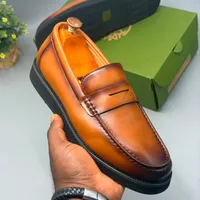 Berluti Men's Premium Tan Burnished Leather Penny Loafers  Elegant Slip-On Dress and Casual Shoes with Black Sole for Modern Ghanaian Gentlemen - Versatile Footwear - View 3