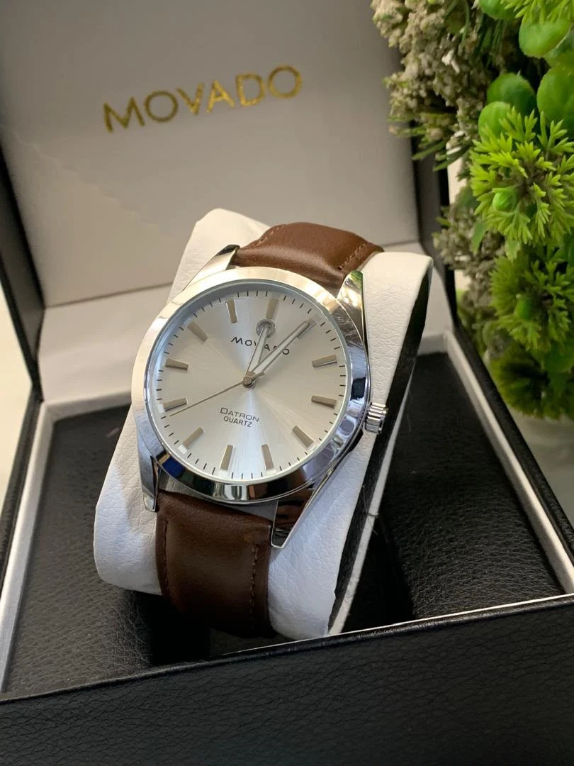 Men's Elegant Movado Datron Quartz Watch with Silver Dial & Premium Brown Leather Strap | Classic Timepiece