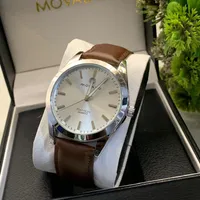 Men's Elegant Movado Datron Quartz Watch with Silver Dial & Premium Brown Leather Strap | Classic Timepiece - View 1