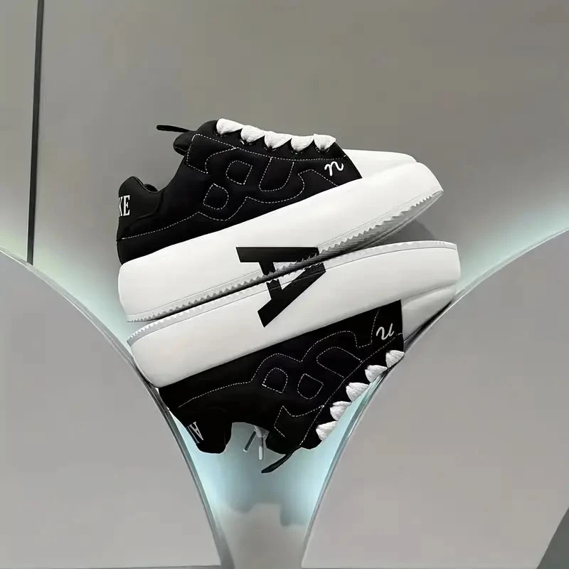 Unisex Trendy Black & White Platform Sneakers with Quilted Upper, Chunky Sole, and Distinctive Stylized Accents for Modern Streetwear Style