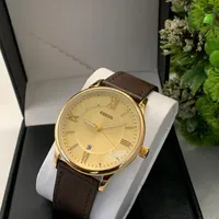 Fossil Men's Elegant Genuine Leather Strap with Stainless Steel Case White Dial Men's Analogue Wrist Watch with Roman Numerals and Date Display - View 2