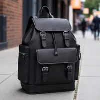 Canvas Leather Black Backpack Bag- Stylish Faux Leather Drawstring  Buckle Flap Daypack for Travel, Work, School  Everyday Use - Durable  Trendy Commuter Bag - View 2