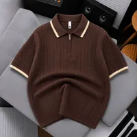 Men's Smart Casual Knitted Quarter-Zip Polo Shirt with White Tipped Collar and Cuffs  Premium Short Sleeve Cable Knit Top for Casual Luxury Looks - View 3