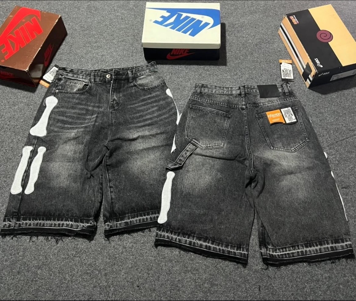 Men's Edgy Washed Black Denim Skeleton Bone Print Baggy Shorts with Frayed Hem - Streetwear Jorts