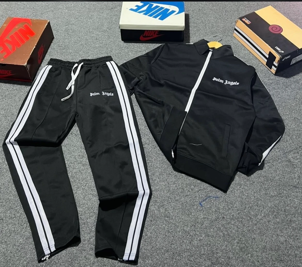 Unisex Palm Angels Black Tracksuit Set with White Double Stripes - Premium Sporty Comfort & Streetwear Style