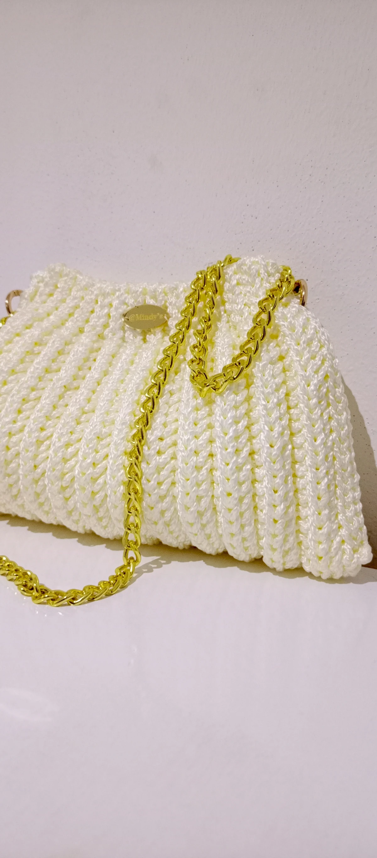 Women's Elegant Cream Crocheted Clutch Bag by Mindy's with Gold Chain Strap - Chic Handbag for Evening & Special Occasions