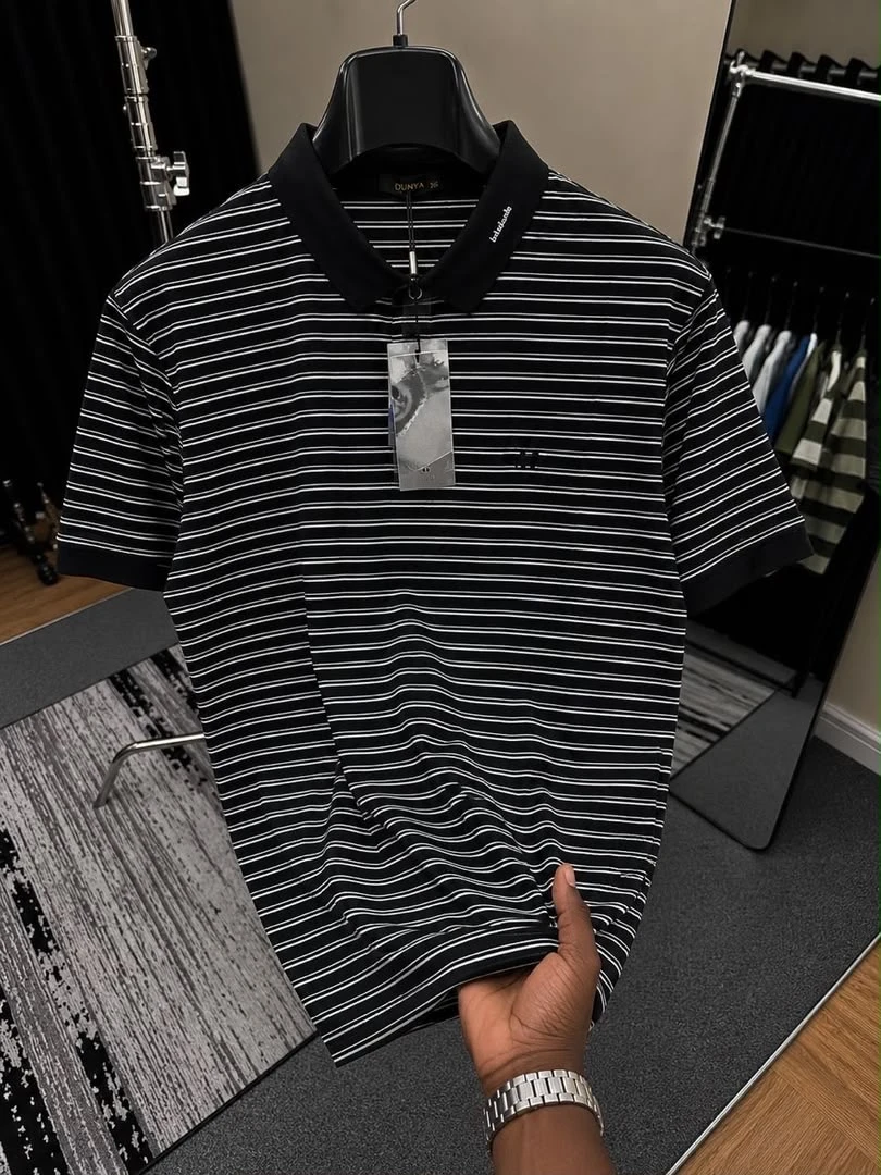 Men's Trendy Black & White Horizontal Striped Polo Shirt - Premium Casual Fashion Tee for Everyday Style