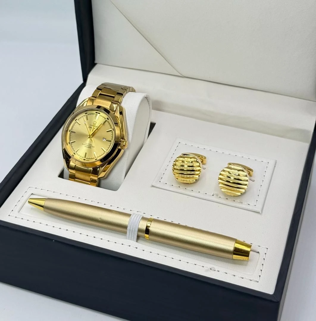 Men's Elegant Gold-Tone Watch, Executive Pen & Cufflinks Gift Set | Premium Luxury Accessory Bundle for Business & Formal Wear